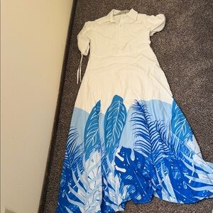 White and Blue Leaf Print Dress